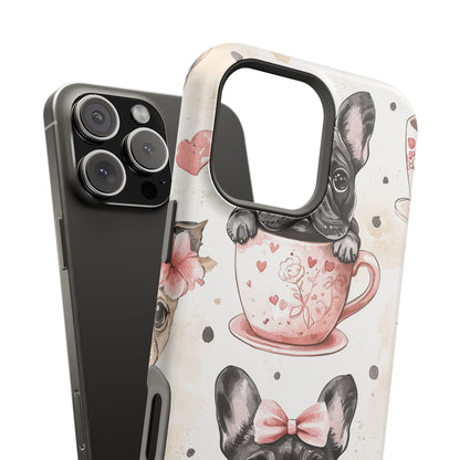 French Bulldogs in Teacups MagSafe iPhone Case – Cute Dog Design with Hearts & Bows, Shockproof & Slim