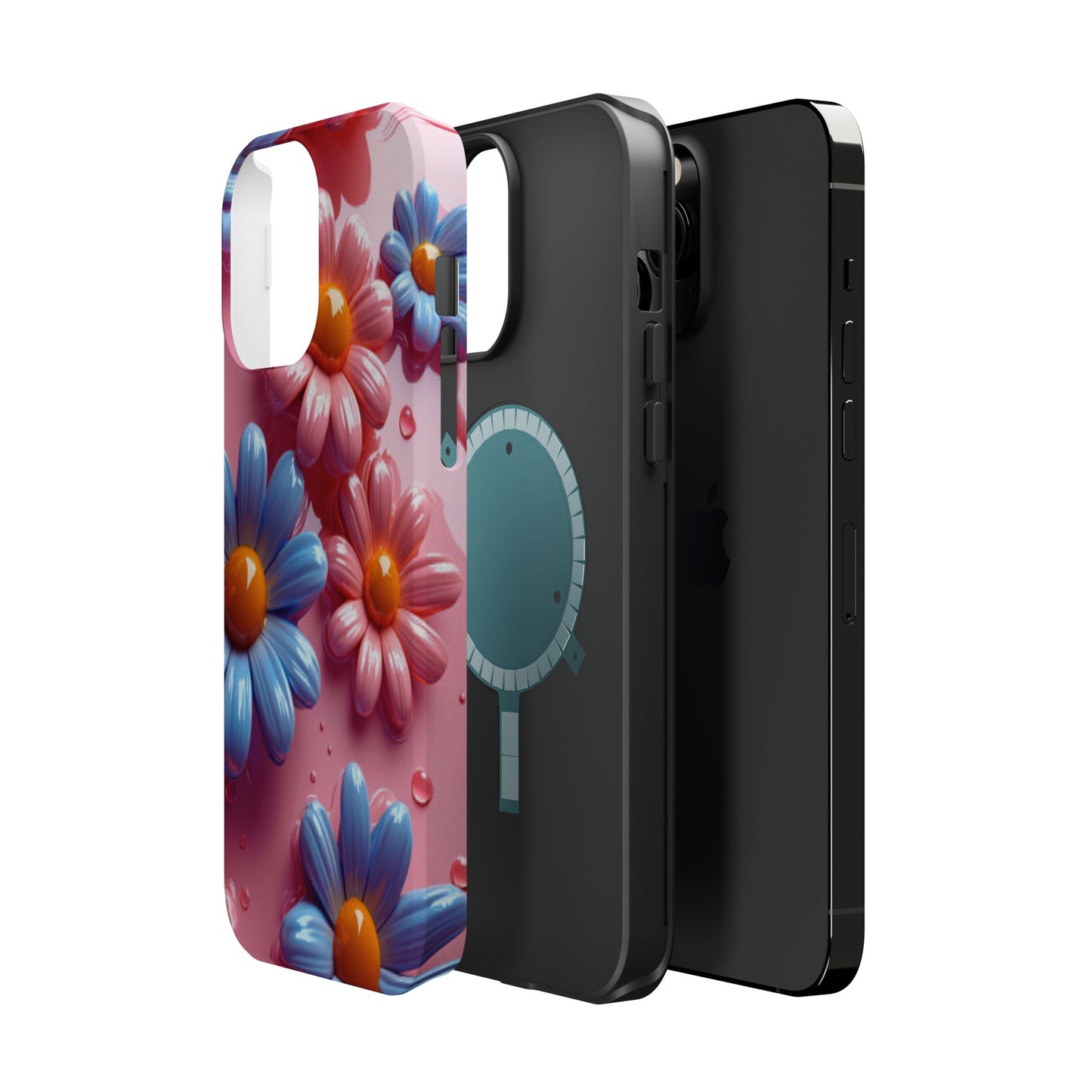 Pastel Daisy 3D MagSafe iPhone Case – Glossy Pink and Blue Floral Design, Full Protection