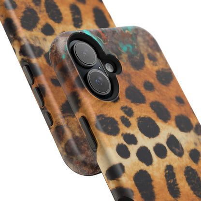 Rustic Leopard Print Tough MagSafe iPhone Case – Distressed Turquoise and Animal Pattern with Dual-Layer Protection