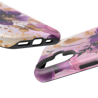 Elegant Purple & Gold Floral MagSafe iPhone Case - Luxe Flower Design