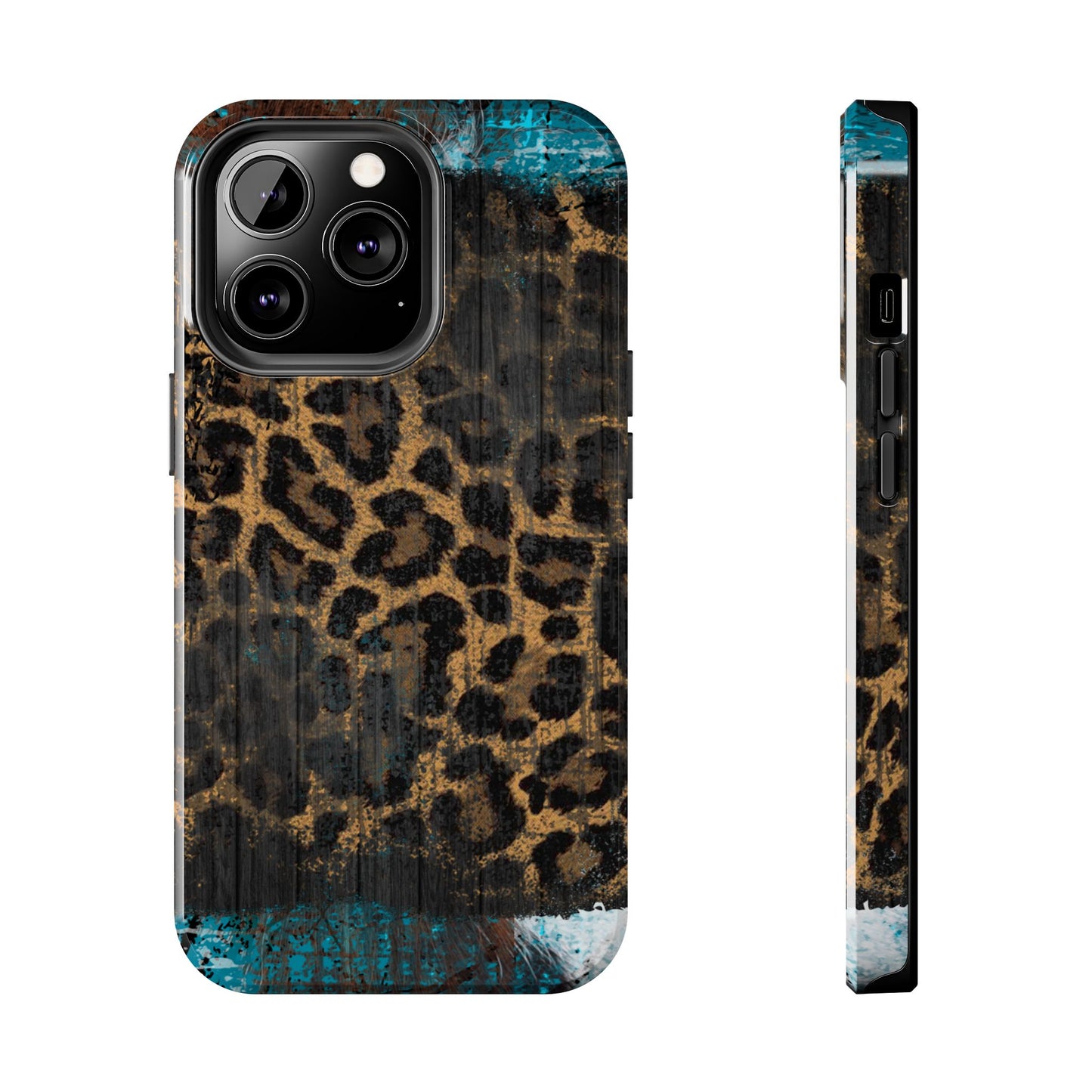 Boho Leopard and Turquoise Tough iPhone Case – Rustic Western Design with Dual-Layer Protection