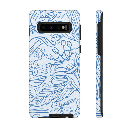 Dusty Blue Floral Line Art Tough Samsung Galaxy Case – Minimalist Botanical Design with Dual-Layer Protection