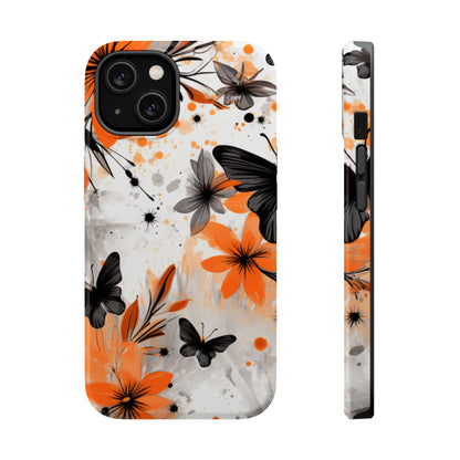 Orange Blossom & Black Butterfly MagSafe iPhone Case – Bold Floral Pattern with Modern Abstract Style