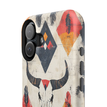 Western Bull Skull & Feathers Tough Mag Safe iPhone Case – Bold Tribal Design, Dual-Layer Protection