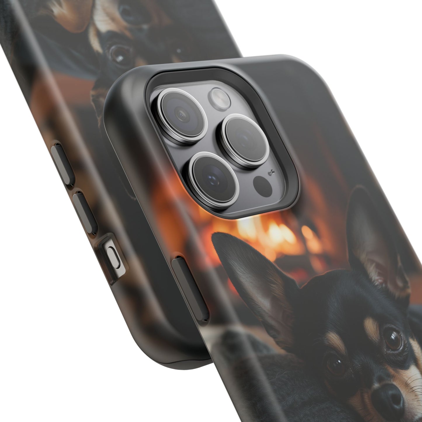 Cozy Chihuahua Fireplace MagSafe iPhone Case – Elegant and Functional Design