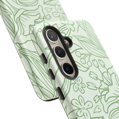 Sage Green Floral Line Art Tough Samsung Galaxy Case – Minimalist Botanical Design with Dual-Layer Protection