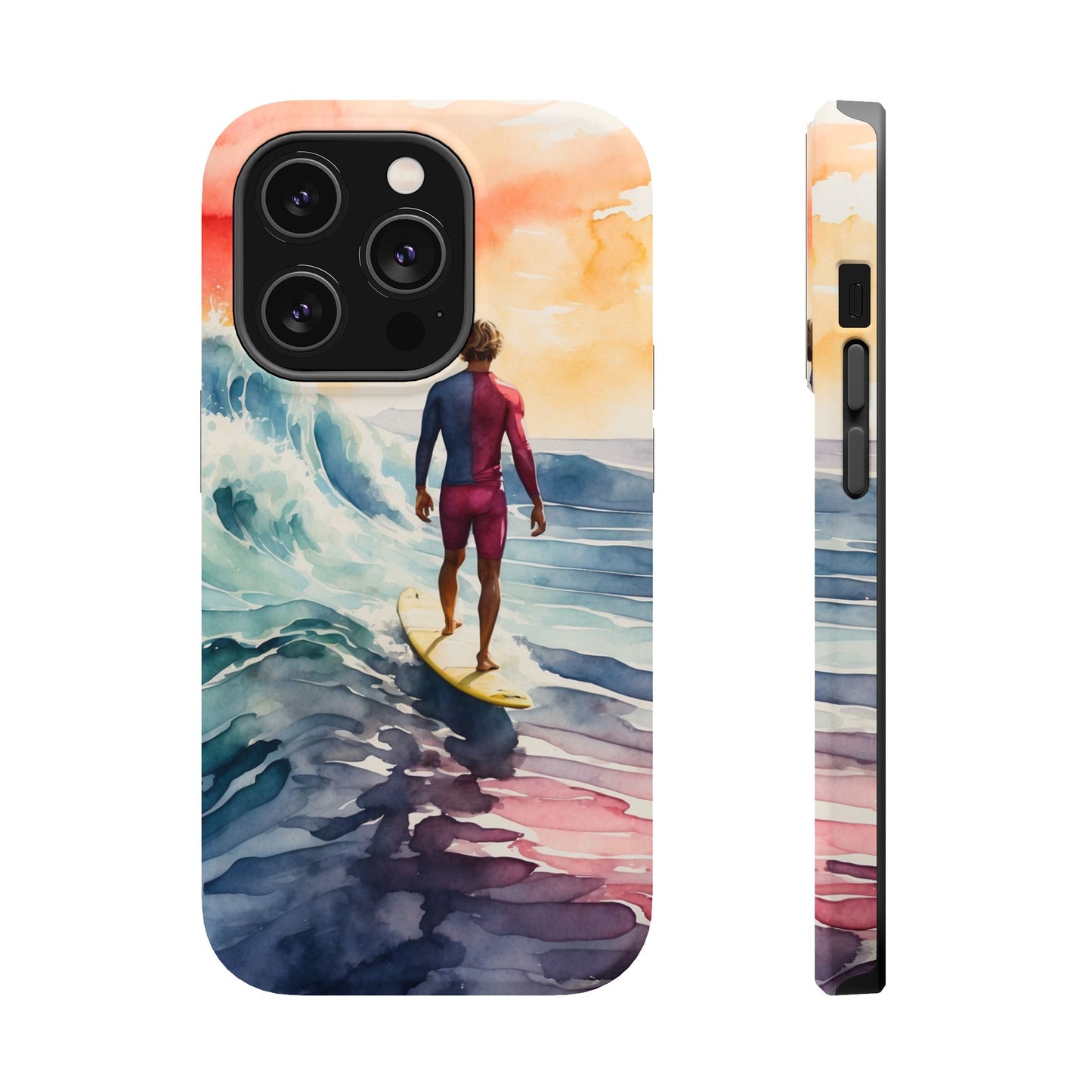 Surfer’s Sunset Wave MagSafe iPhone Case – Vibrant Watercolor Design