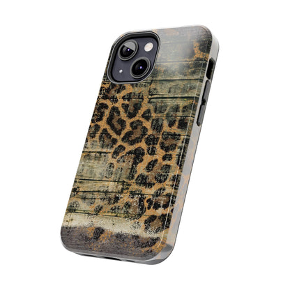 Rustic Wood and Leopard Print Tough iPhone Case – Distressed Western Design with Dual-Layer Protection