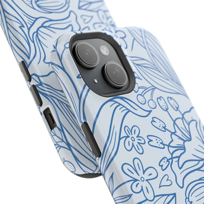 Dusty Blue Floral Line Art Tough MagSafe iPhone Case – Minimalist Botanical Design with Dual-Layer Protection