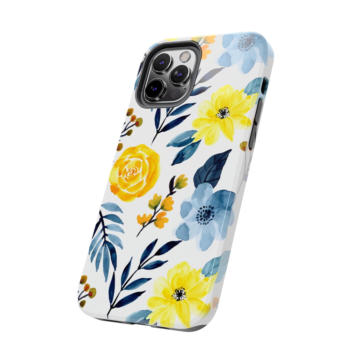 Golden Yellow & Sky Blue Floral – Watercolor Botanical iPhone Case