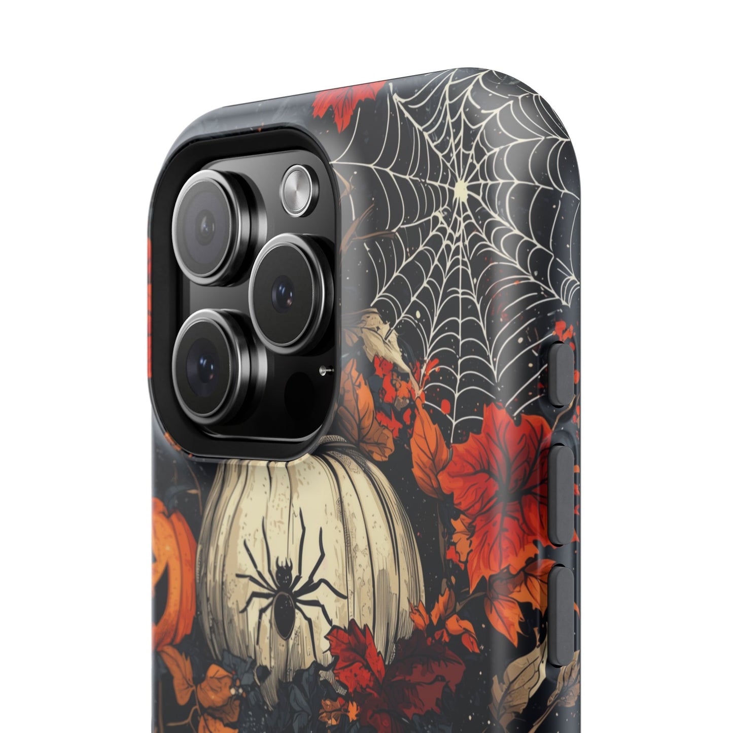 Hauntingly Elegant Halloween MagSafe iPhone Case – Pumpkins, Spiders, and Autumn Leaves Design