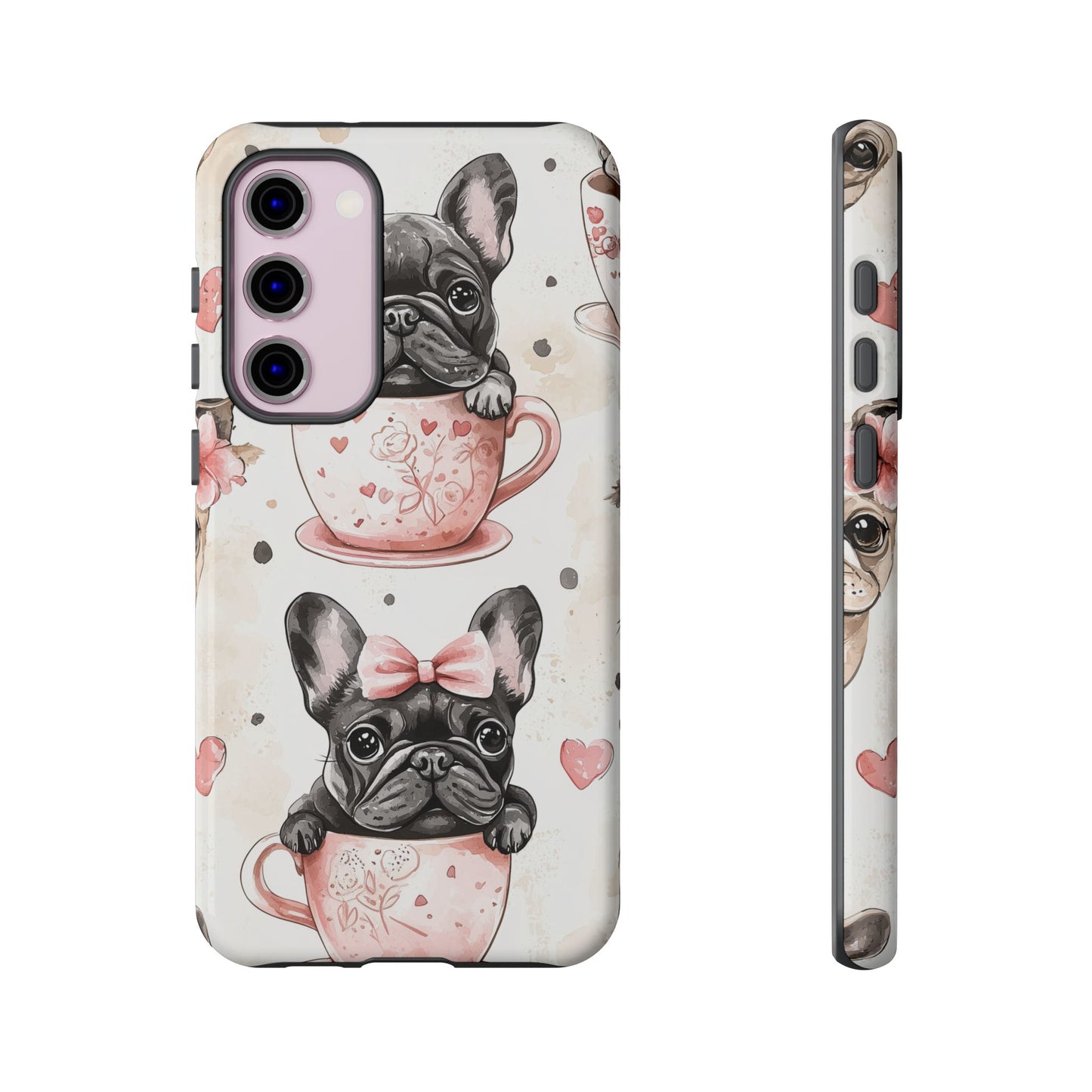 French Bulldogs in Teacups Samsung Galaxy Case – Cute Dog Design with Hearts & Bows, Shockproof & Slim