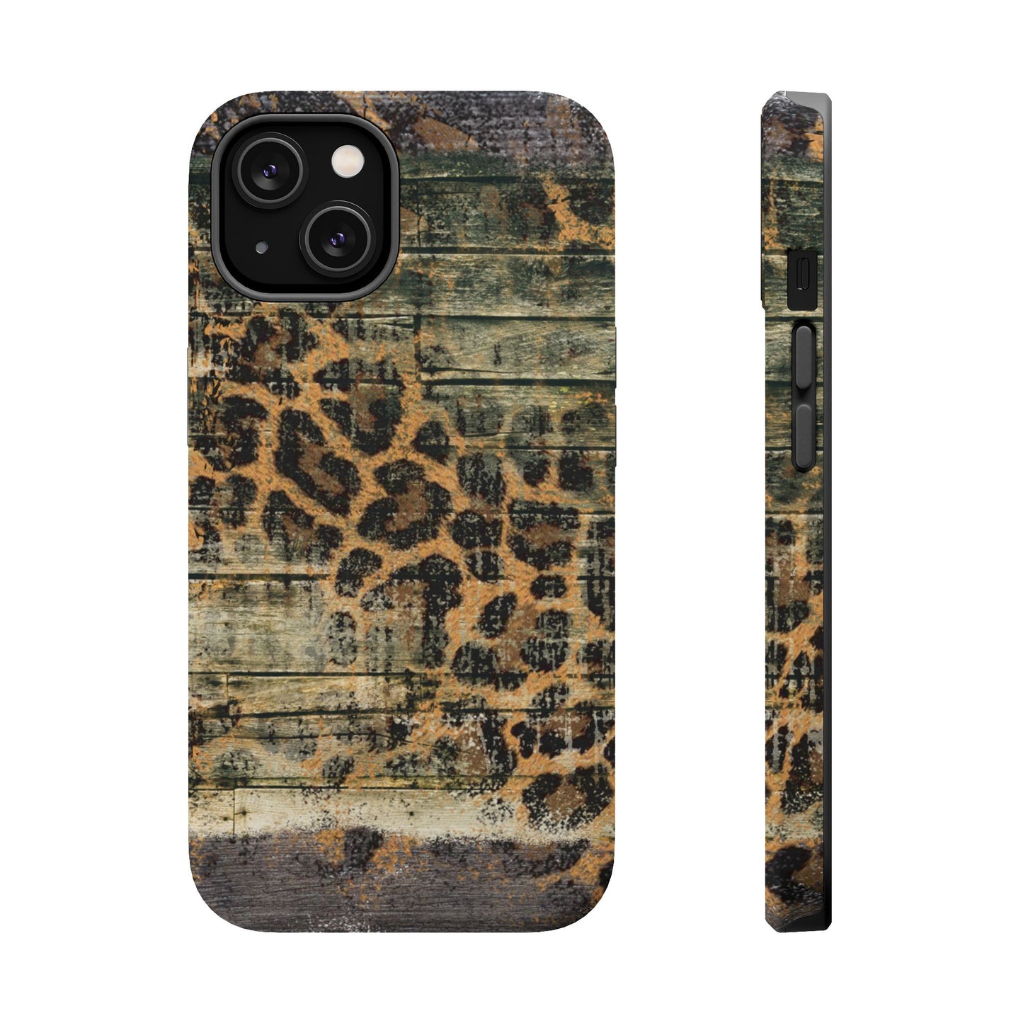 Rustic Wood and Leopard Print Tough MagSafe iPhone Case – Distressed Western Design with Dual-Layer Protection