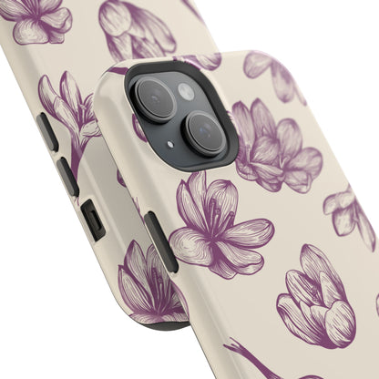 Vintage Botanical Floral Tough MagSafe iPhone Case – Hand-Drawn Purple Flowers, Shockproof Design