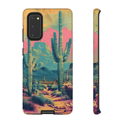 Desert Oasis Retro Cactus Phone Case - Vibrant Sunset Landscape for iPhone 15/14/13/12, Samsung S24/S23/S22/S21, & Google Pixel