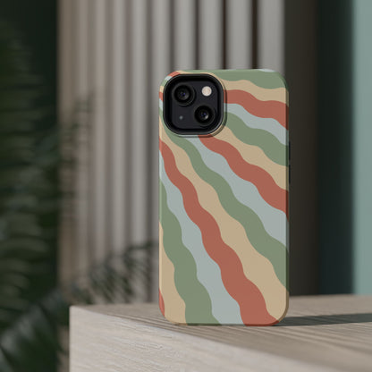 Earthy Retro Waves MagSafe iPhone Case – 70s-Inspired Wavy Stripes in Soft Green, Cream, and Rust