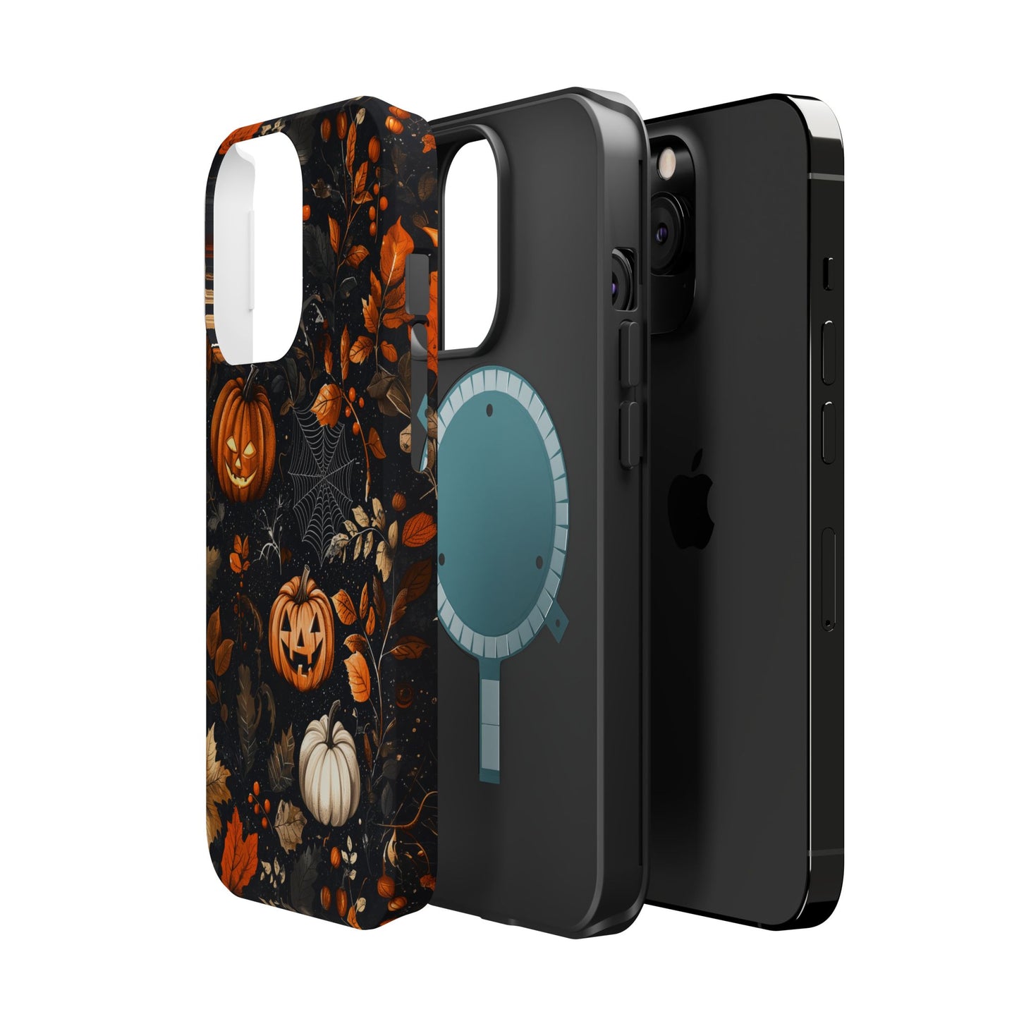 Elegant Halloween MagSafe iPhone Case – Pumpkin Jack-o'-Lanterns, Cobwebs & Autumn Foliage Design