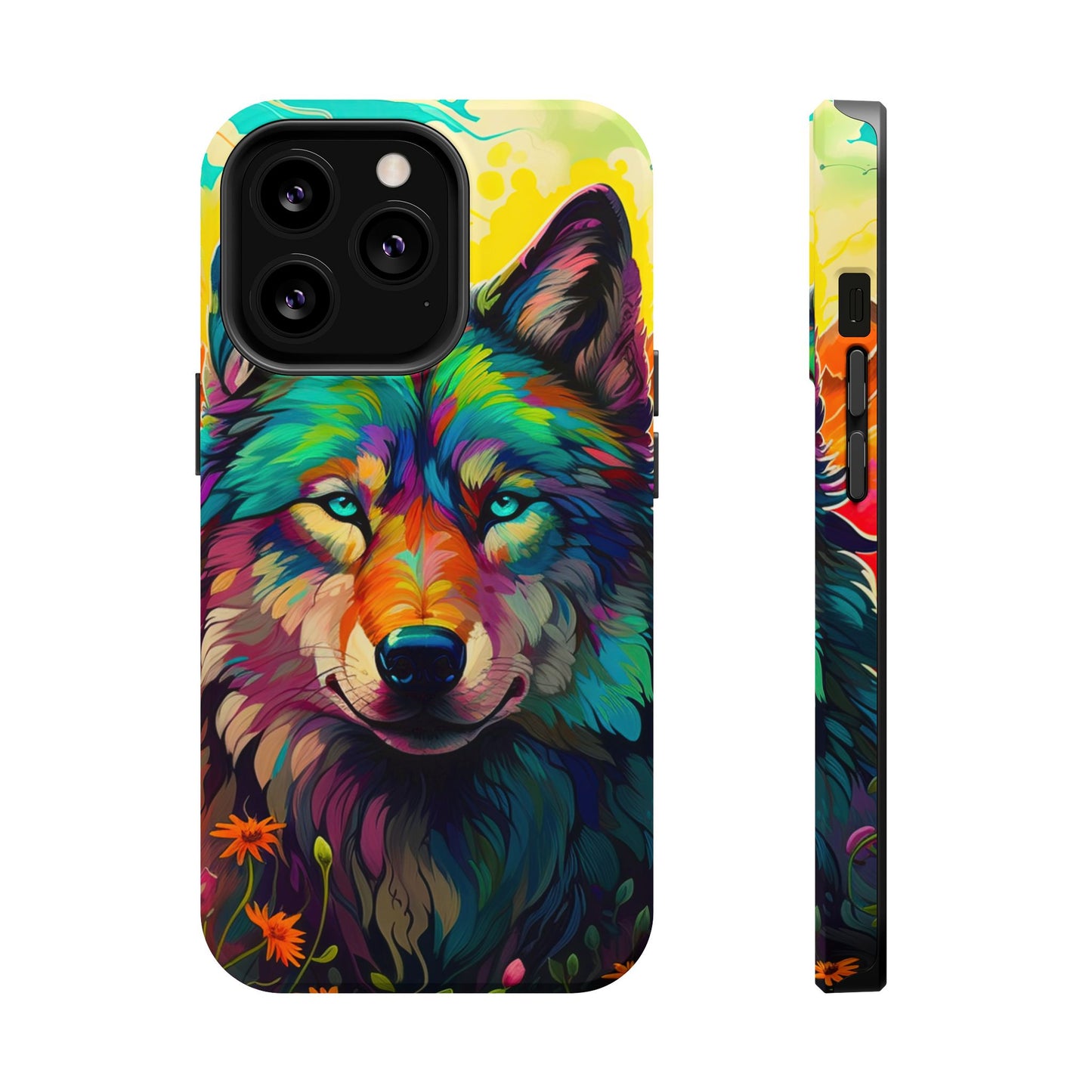 Rainbow Wolf in Bloom – MagSafe iPhone Case with Nature-Inspired Design