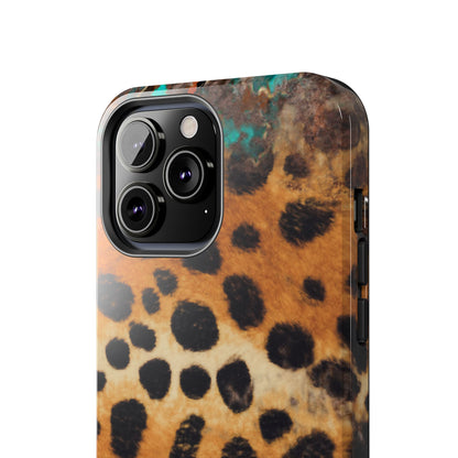 Rustic Leopard Print Tough iPhone Case – Distressed Turquoise and Animal Pattern with Dual-Layer Protection