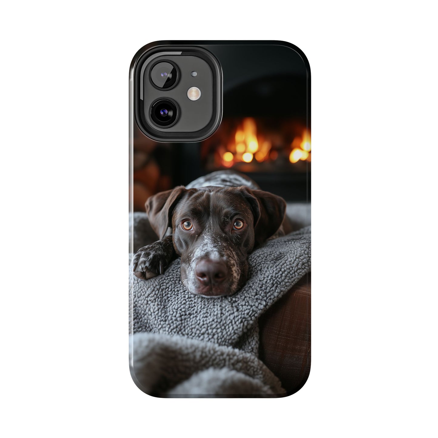 Cozy German Shorthaired Pointer iPhone Case – Rustic Fireplace Protective Cover