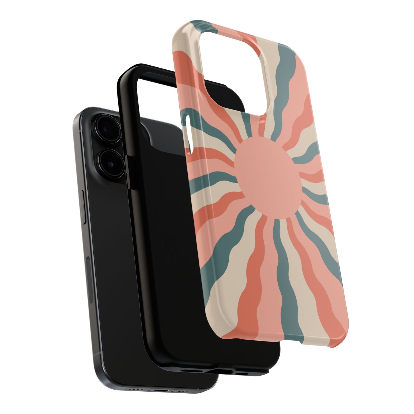 Retro Sunburst iPhone Case – Bold 70s-Inspired Waves in Coral, Teal, and Cream