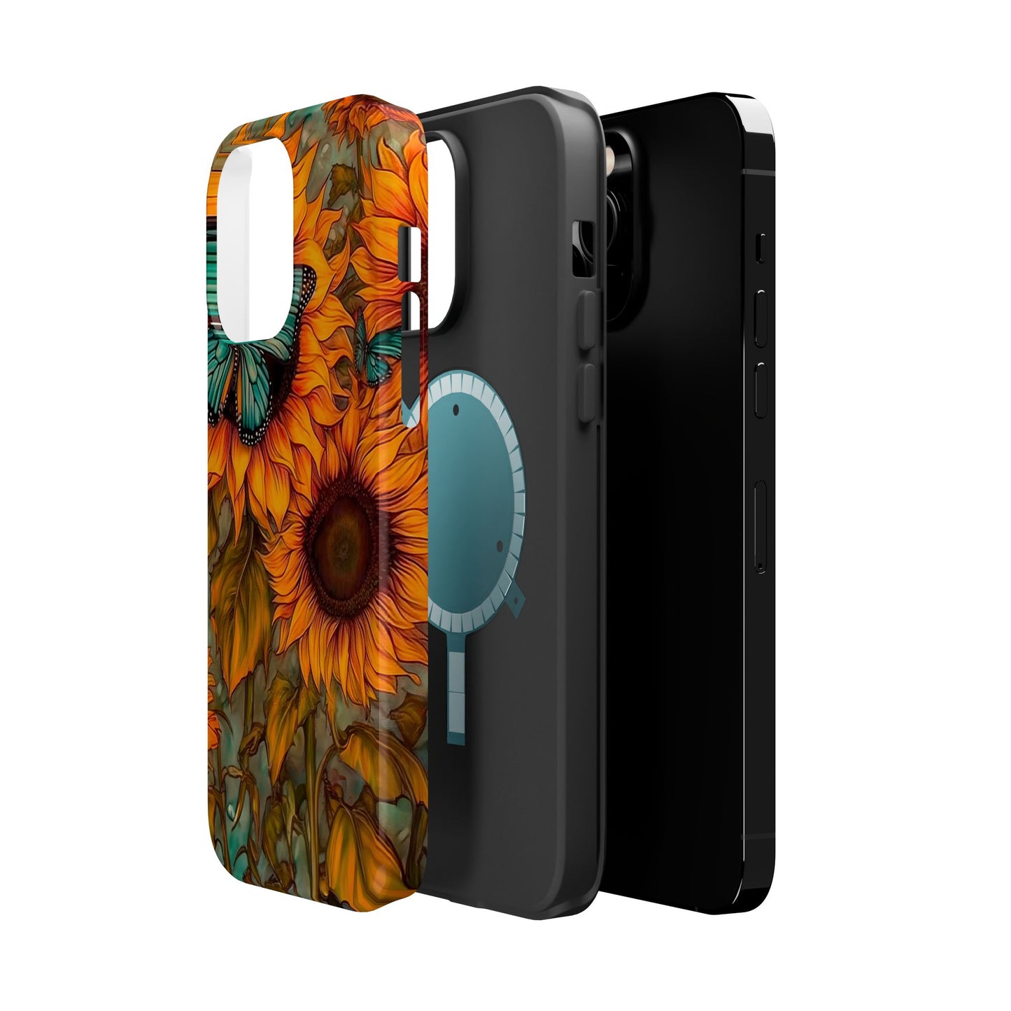 Vintage Blue Butterfly & Sunflower Art – MagSafe iPhone Case