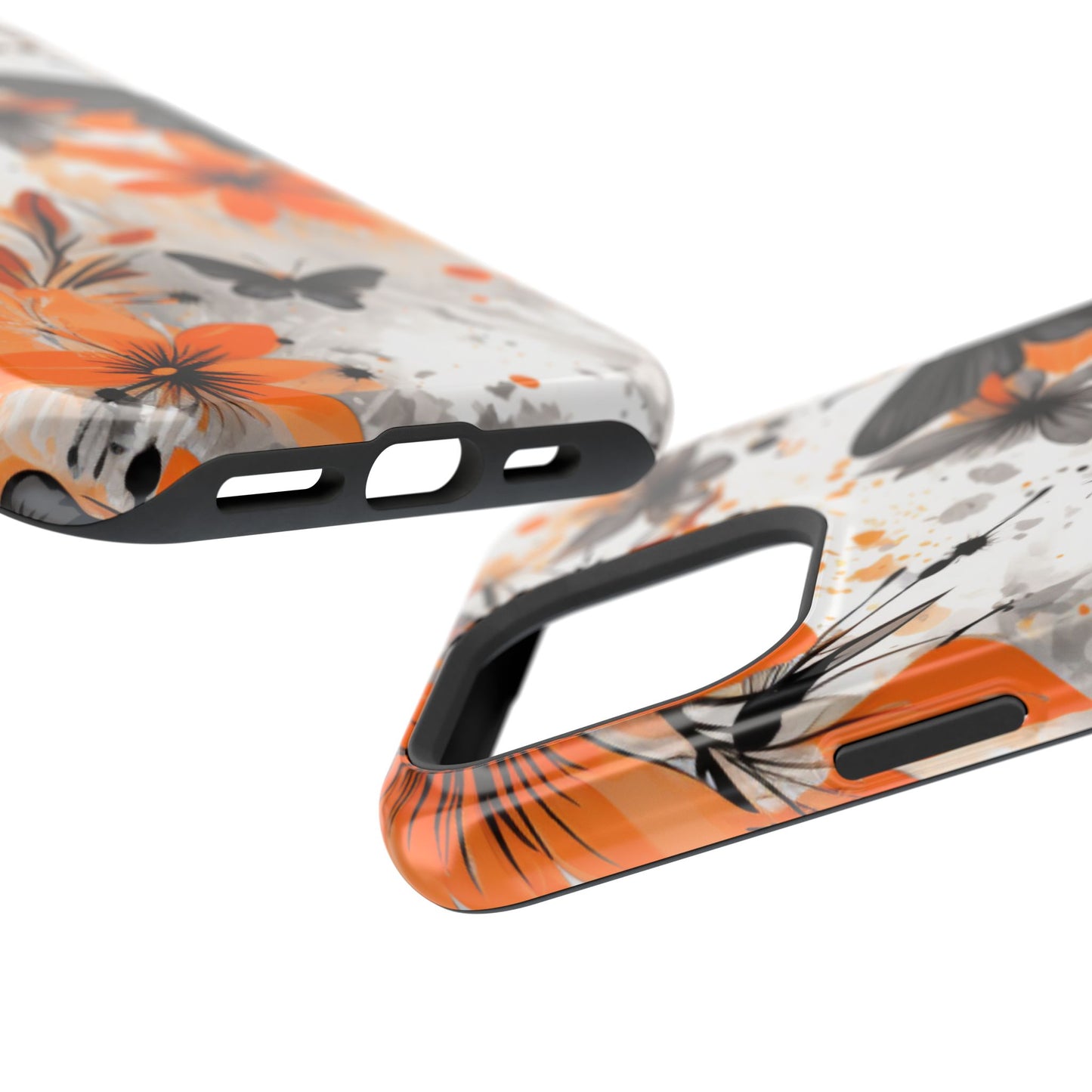 Orange Blossom & Black Butterfly MagSafe iPhone Case – Bold Floral Pattern with Modern Abstract Style