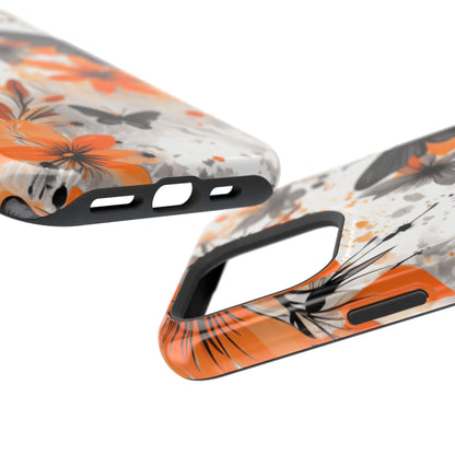 Orange Blossom & Black Butterfly MagSafe iPhone Case – Bold Floral Pattern with Modern Abstract Style