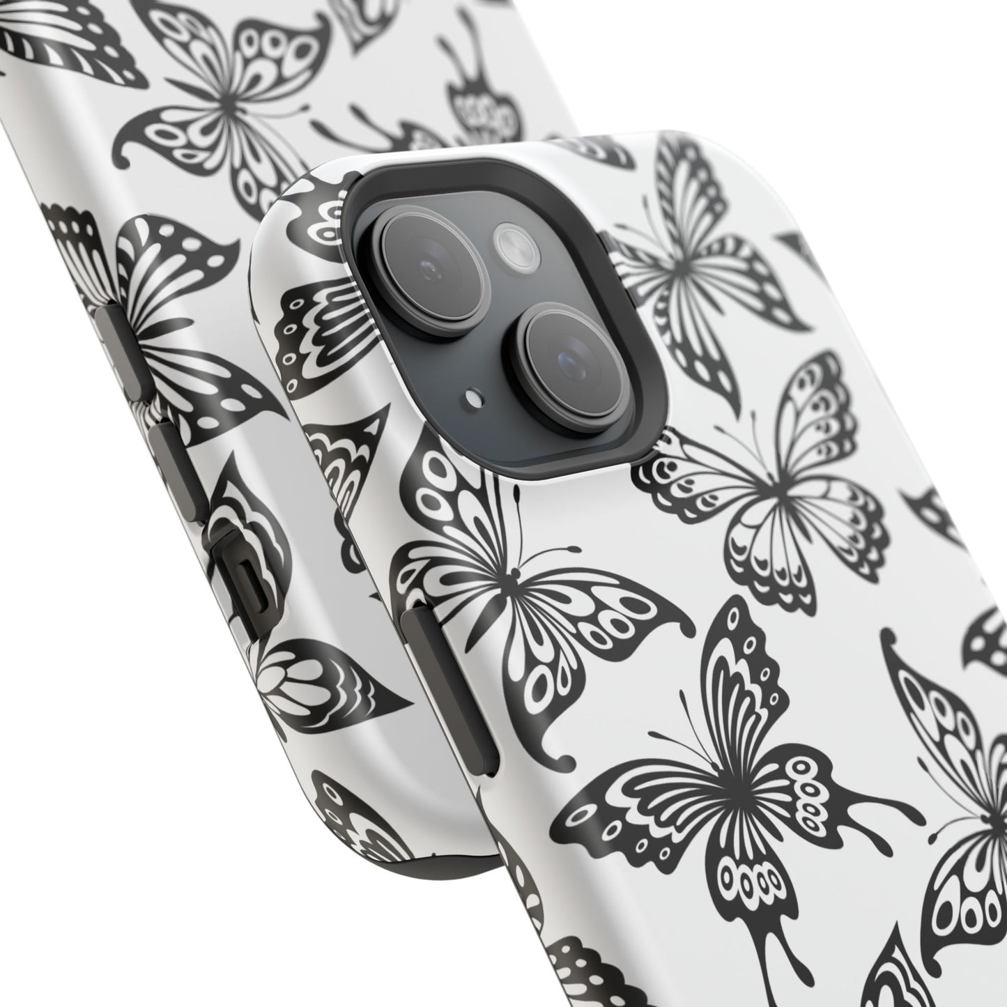 Monochrome Butterfly Pattern Tough MagSafe Case – Dual-Layer Protection with Matte Finish