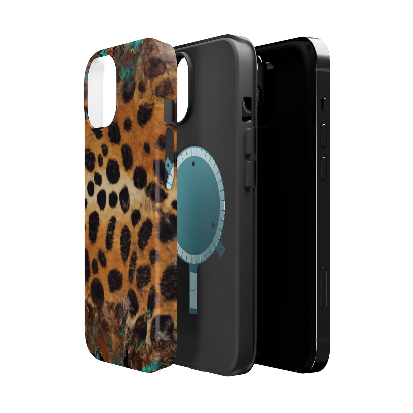 Rustic Leopard Print Tough MagSafe iPhone Case – Distressed Turquoise and Animal Pattern with Dual-Layer Protection