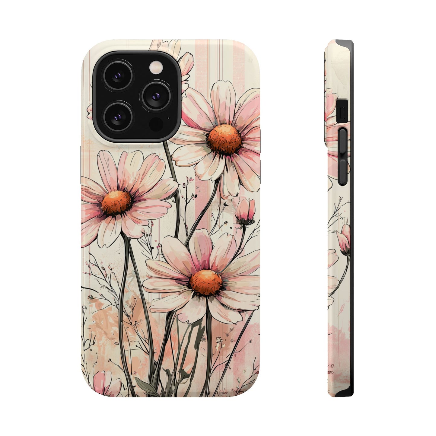 Pastel Pink Daisy MagSafe iPhone Case - Elegant Floral Plaid Protective Cover