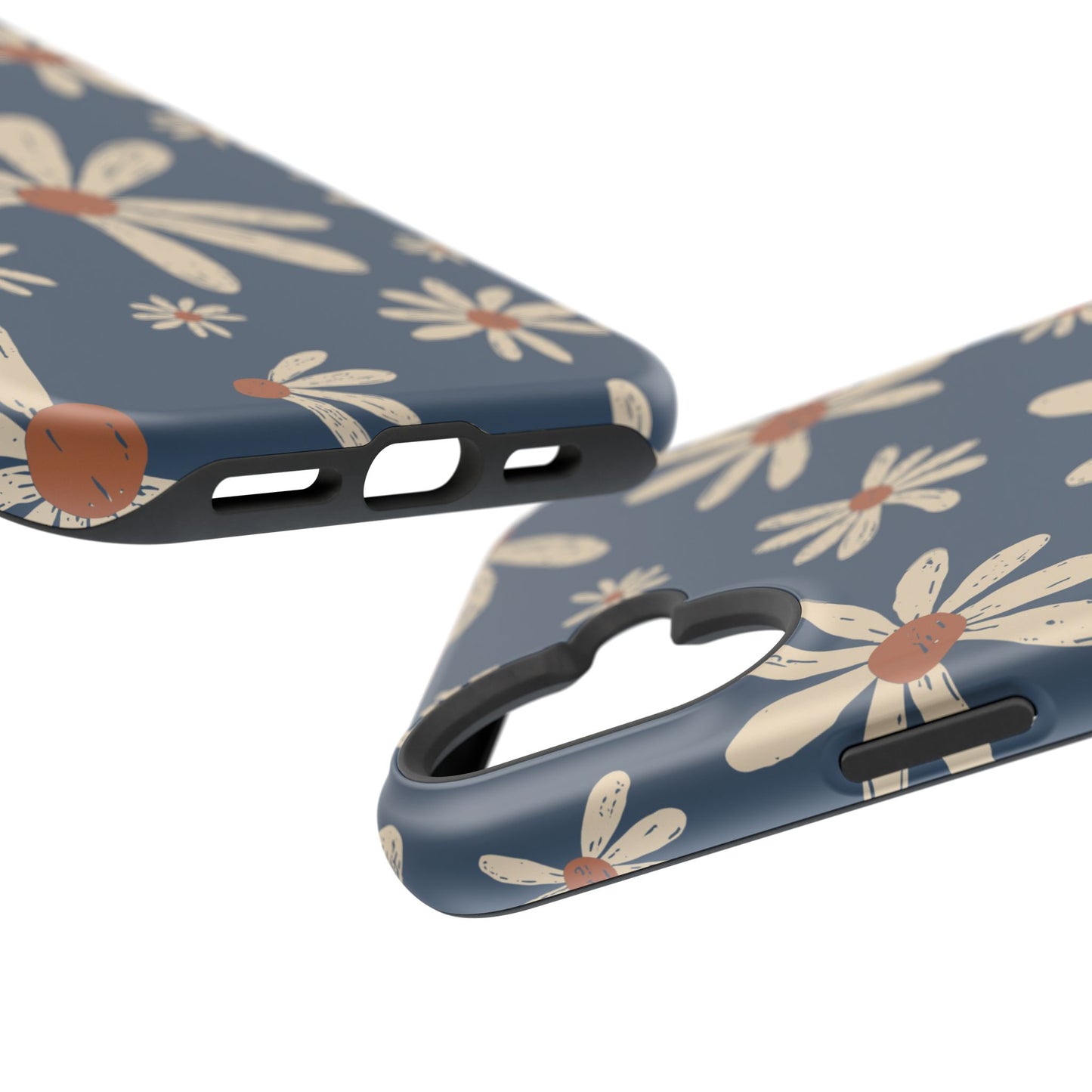 Vintage Daisies MagSafe iPhone Case – Navy Blue Floral Design, Scratch-Resistant with Shock-Absorbing Bumper