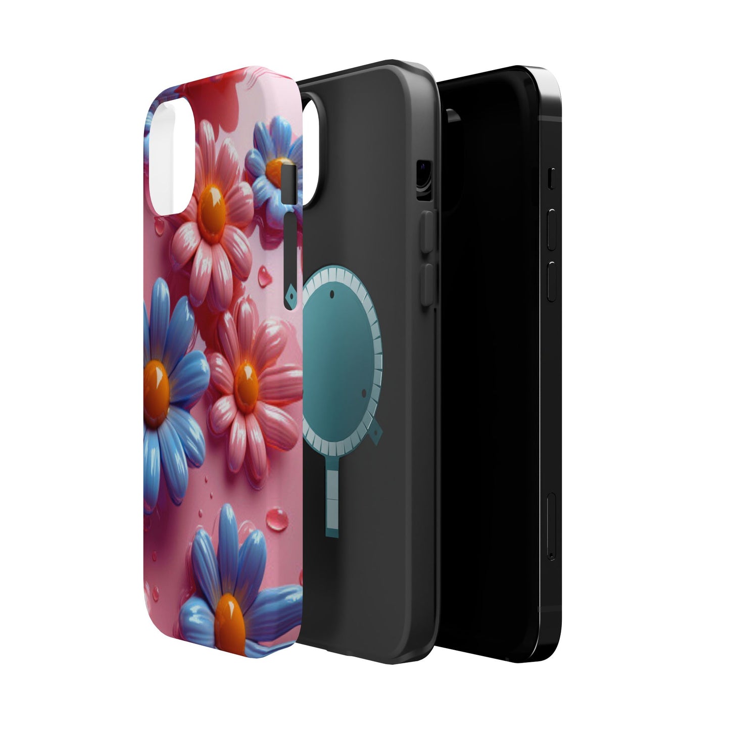 Pastel Daisy 3D MagSafe iPhone Case – Glossy Pink and Blue Floral Design, Full Protection