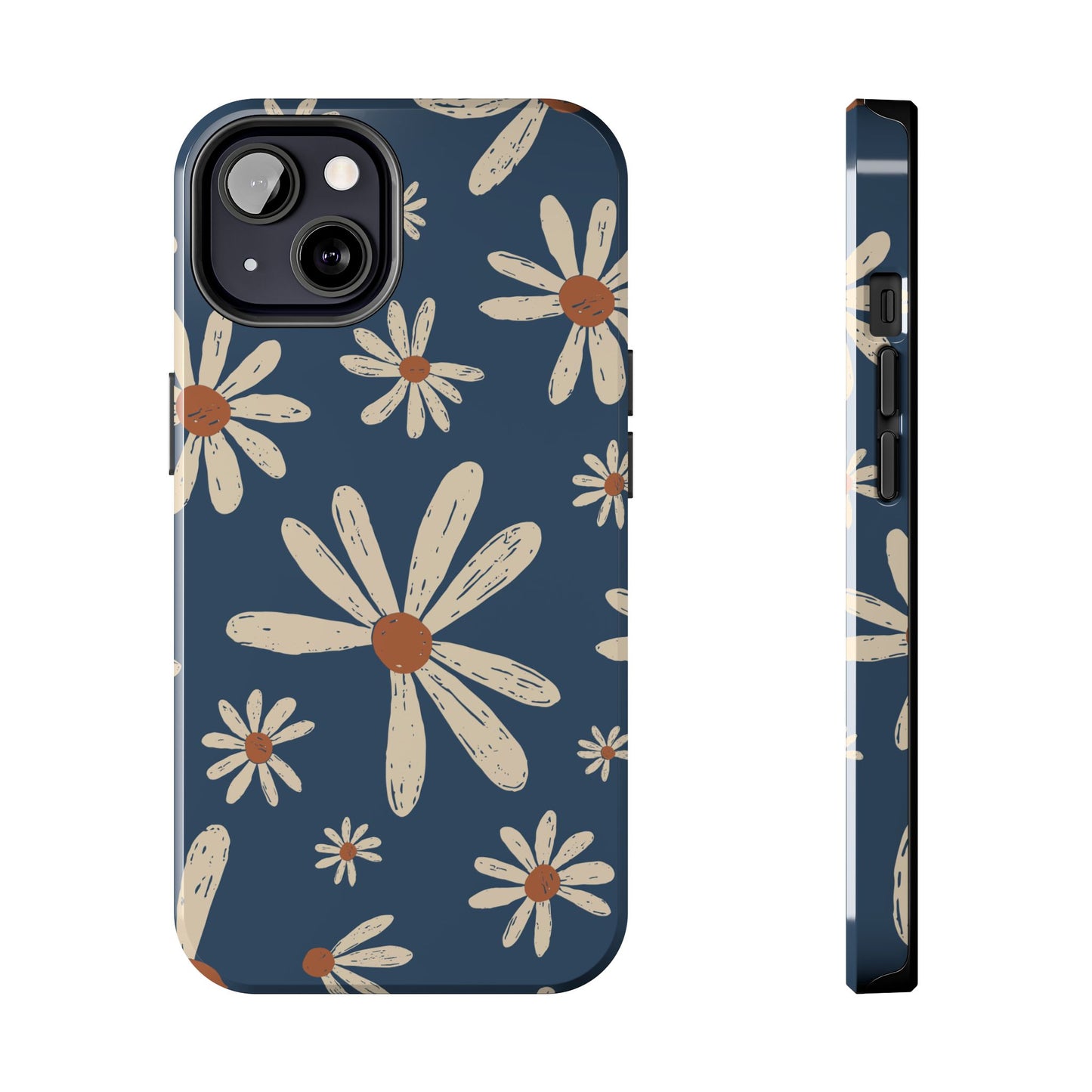 Vintage Daisies iPhone Case – Navy Blue Floral Design, Scratch - Resistant with Shock - Absorbing Bumper - BOGO Cases