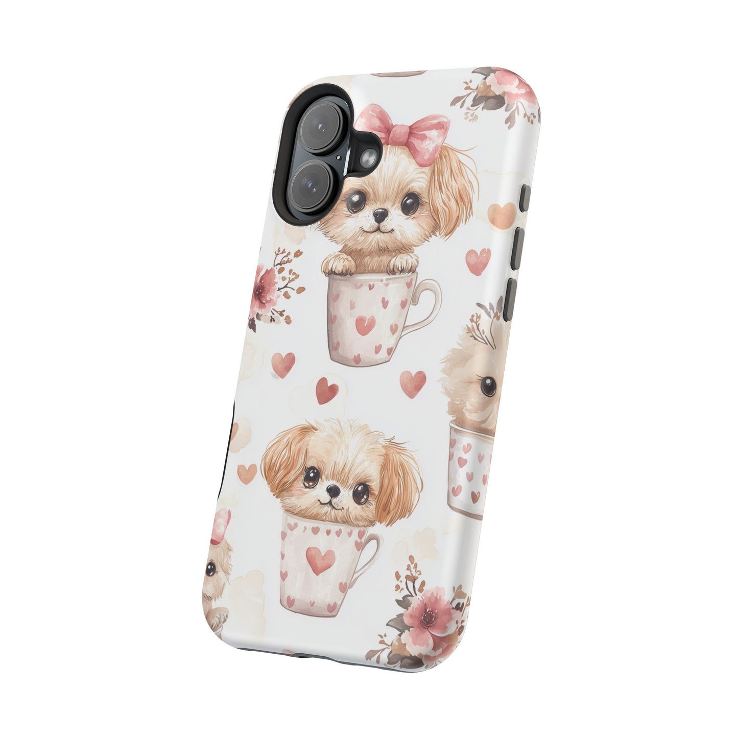 Cute Puppies in Heart MagSafe iPhone Case – Adorable Dog & Floral Design, Shockproof & Slim