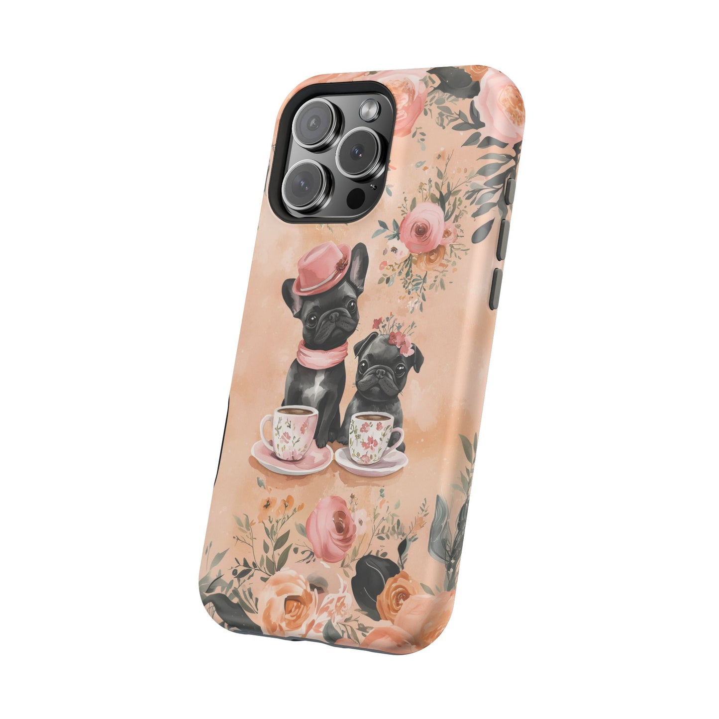 Floral French Bulldogs MagSafe iPhone Case – Elegant Dog Design with Tea Cups & Roses, Shockproof Protection