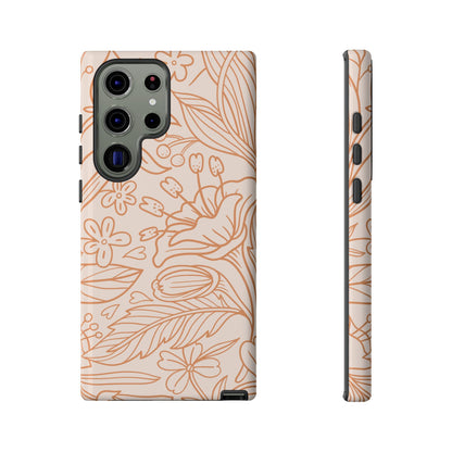 Soft Terracotta Floral Line Art Tough Samsung Galaxy Case – Minimalist Botanical Design with Dual-Layer Protection