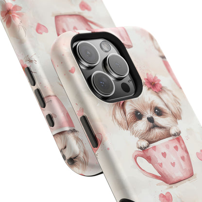 Floral Puppy in Teacup MagSafe iPhone Case – Cute Pink Flower Design, Tough Dual-Layer Protection