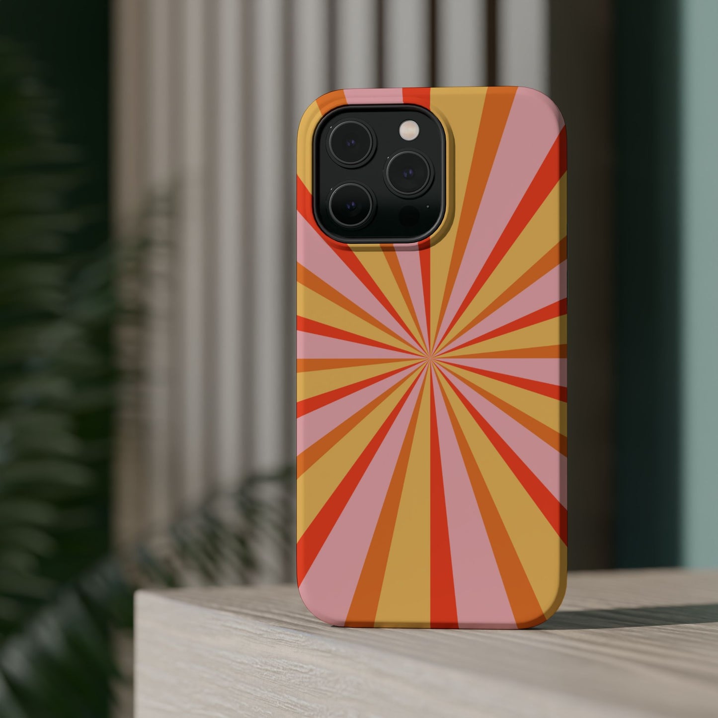 Bold Retro Sunburst MagSafe iPhone Case – Vibrant 70s-Inspired Rays in Orange, Pink, and Yellow