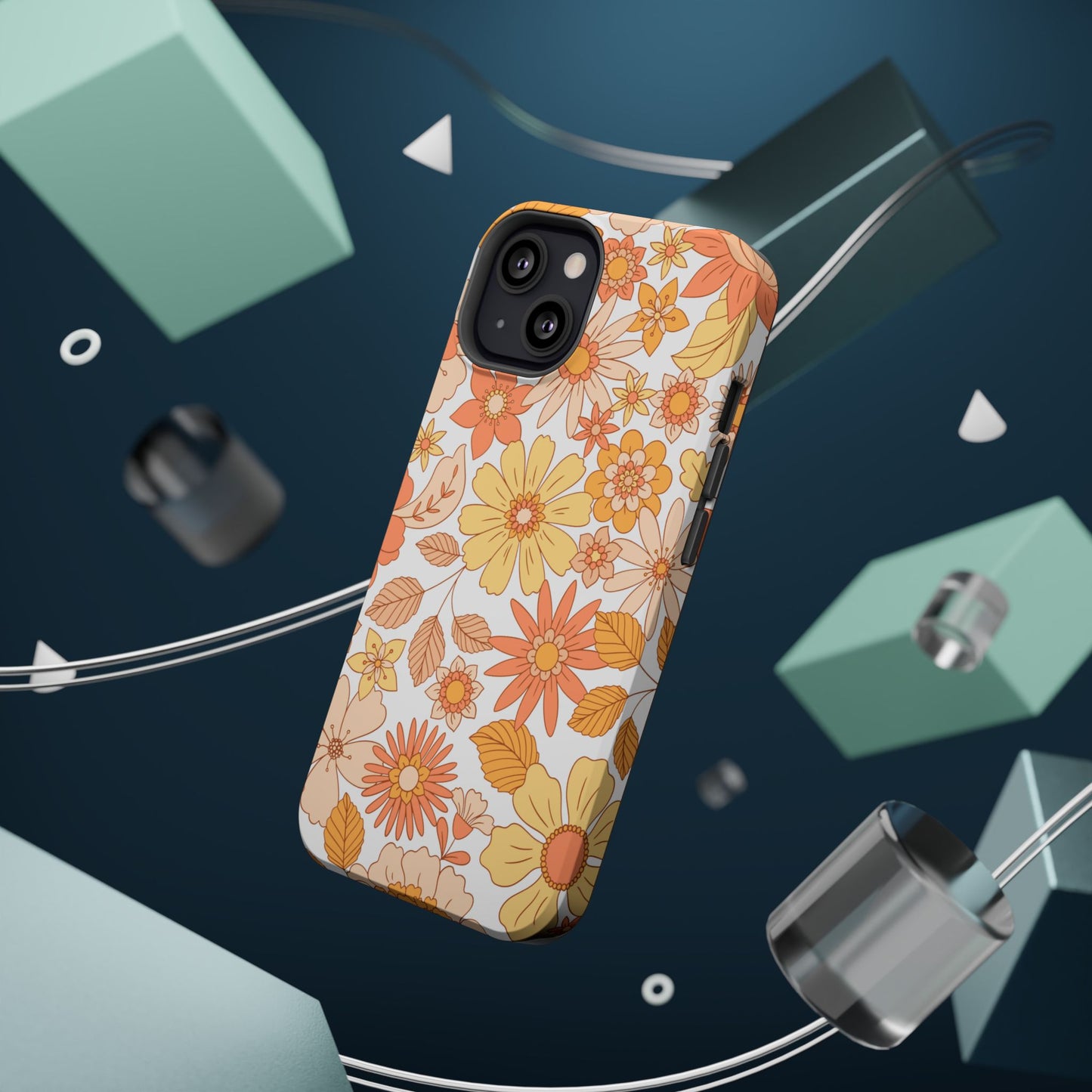 Vintage Floral Bloom MagSafe iPhone Case – Warm Orange & Yellow Retro Flower Design with Matte Finish