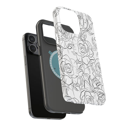 Monochrome Rose Garden Tough MagSafe iPhone Case – Elegant Floral Line Art with Dual-Layer Protection