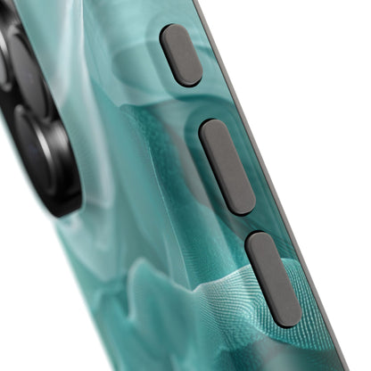 Elegant Flowing Teal Fabric MagSafe iPhone Case – Soft Waves Design