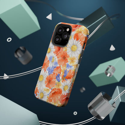 Watercolor Wildflower Pattern MagSafe iPhone Case – Durable Matte Finish with Daisy, Poppy & Cornflower Design