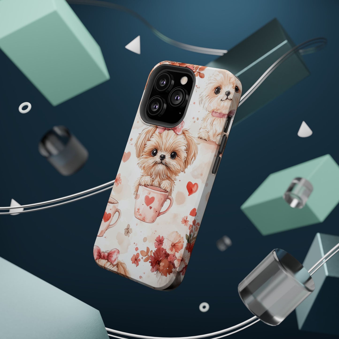 Puppies & Heart Mugs MagSafe iPhone Case – Sweet Dog & Floral Design, Shockproof & Slim