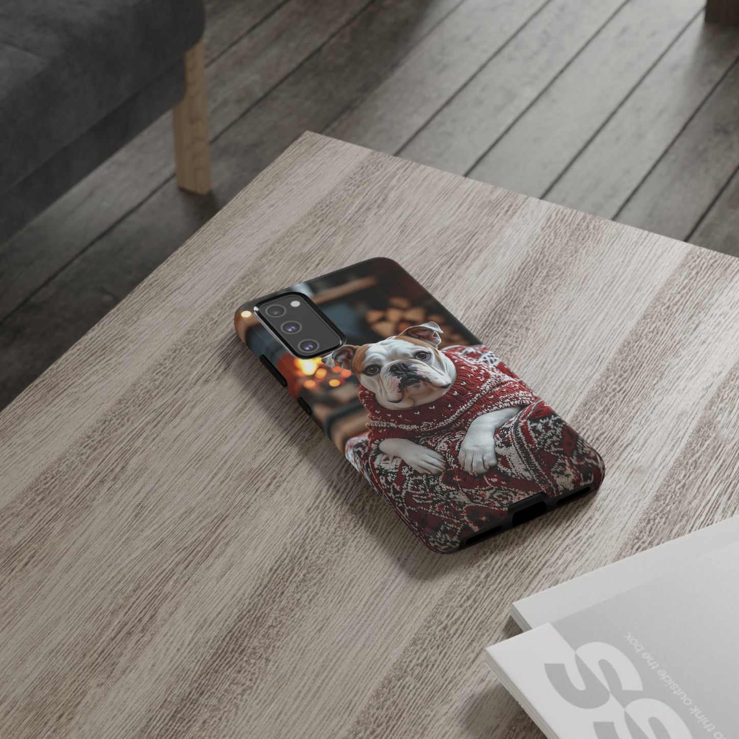 Cozy Bulldog in Sweater Samsung Galaxy Case – Festive Fireplace Protective Cove