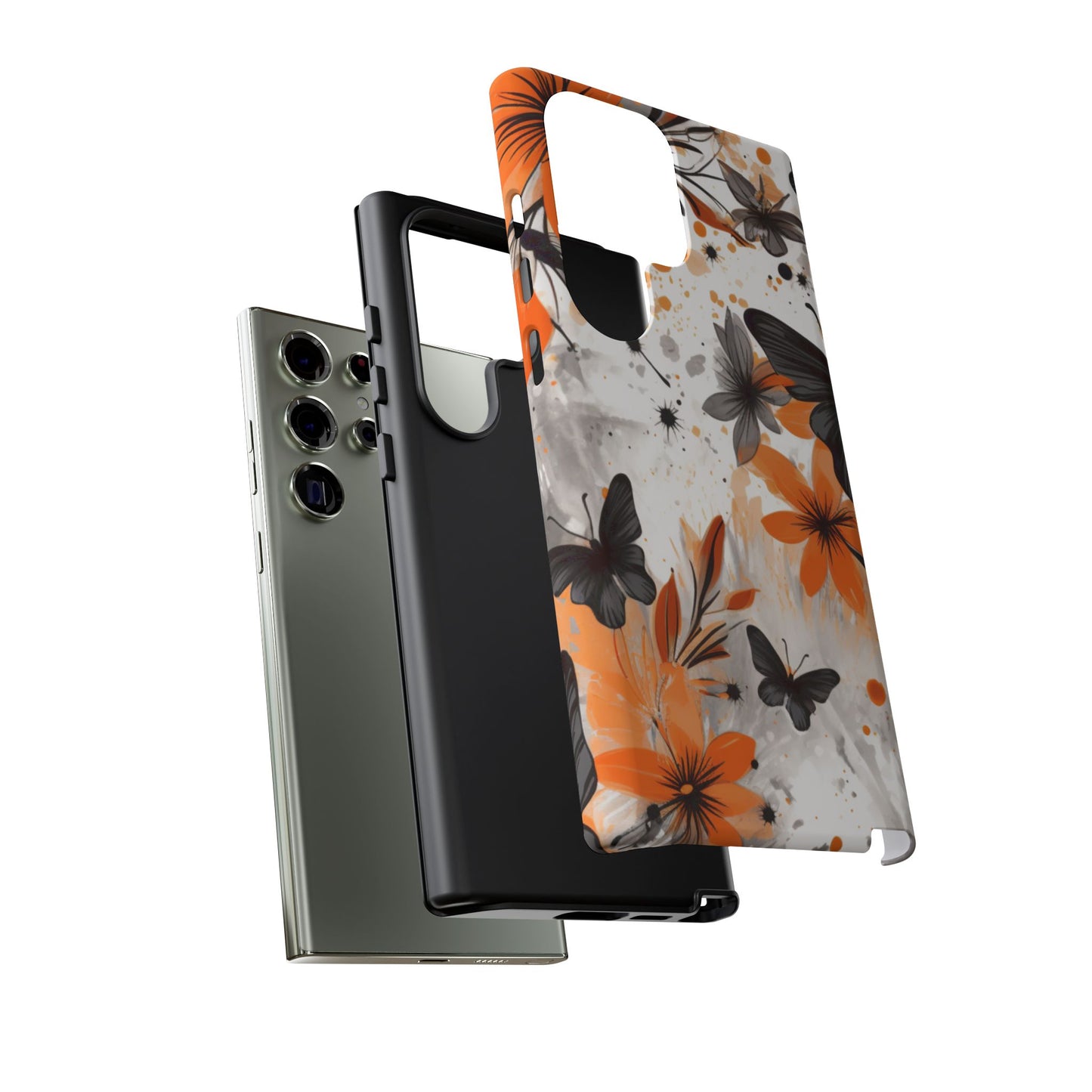 Orange Blossom & Black Butterfly Samsung Galaxy Case – Bold Floral Pattern with Modern Abstract Style
