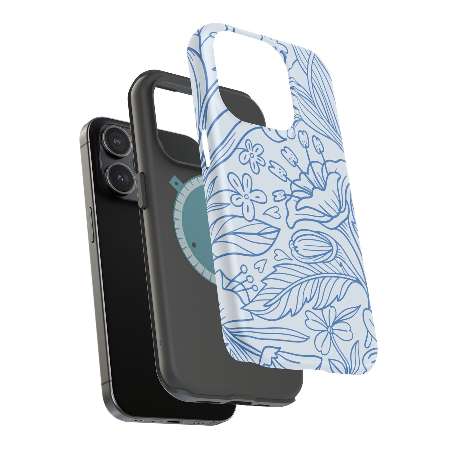 Dusty Blue Floral Line Art Tough MagSafe iPhone Case – Minimalist Botanical Design with Dual-Layer Protection