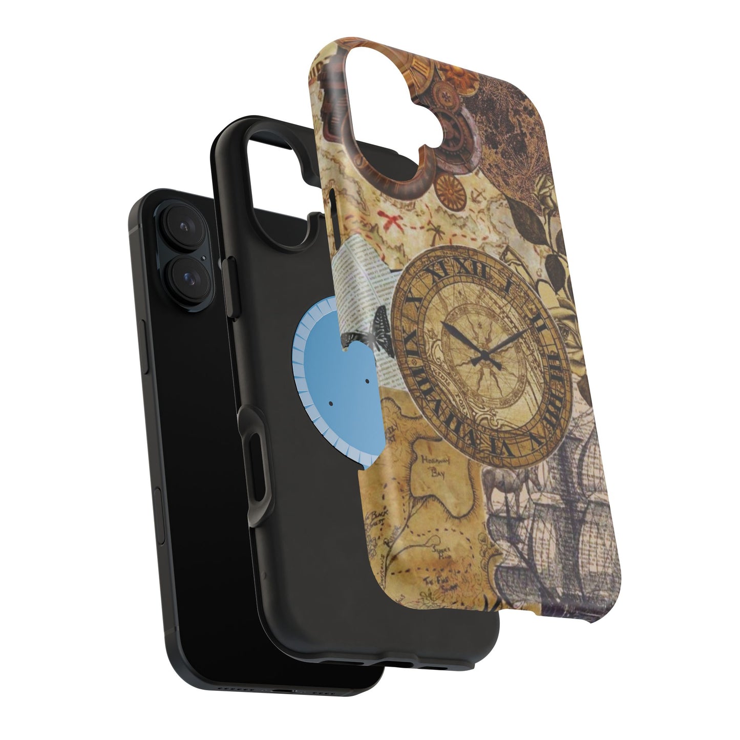 Steampunk Vintage Adventure MagSafe iPhone Case – Dual-Layer Protection with Antique Map and Clock Design