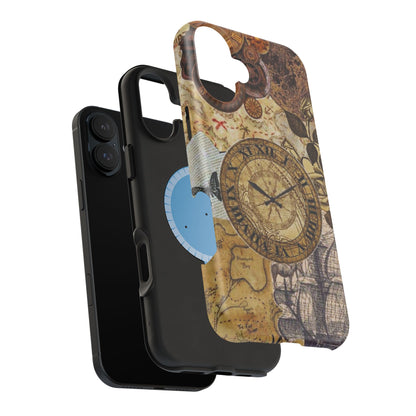 Steampunk Vintage Adventure MagSafe iPhone Case – Dual-Layer Protection with Antique Map and Clock Design