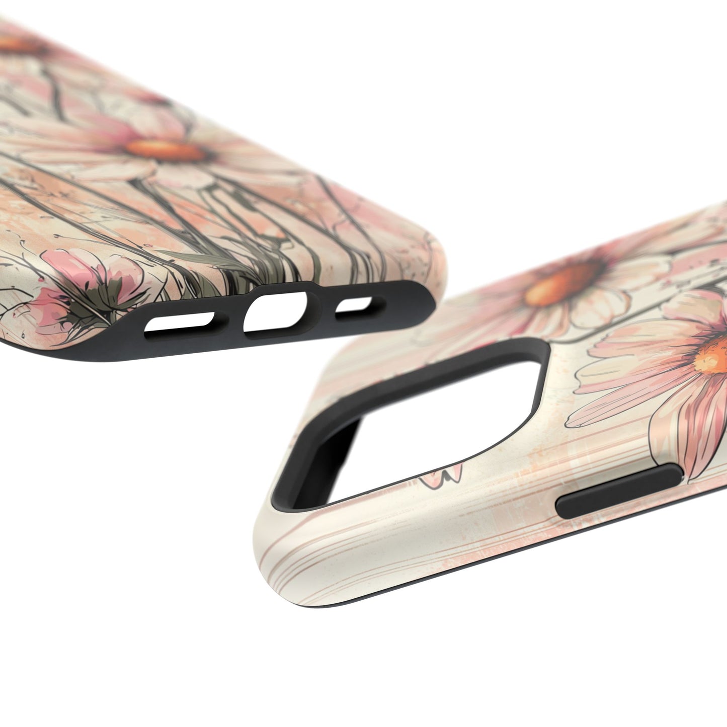 Pastel Pink Daisy MagSafe iPhone Case - Elegant Floral Plaid Protective Cover